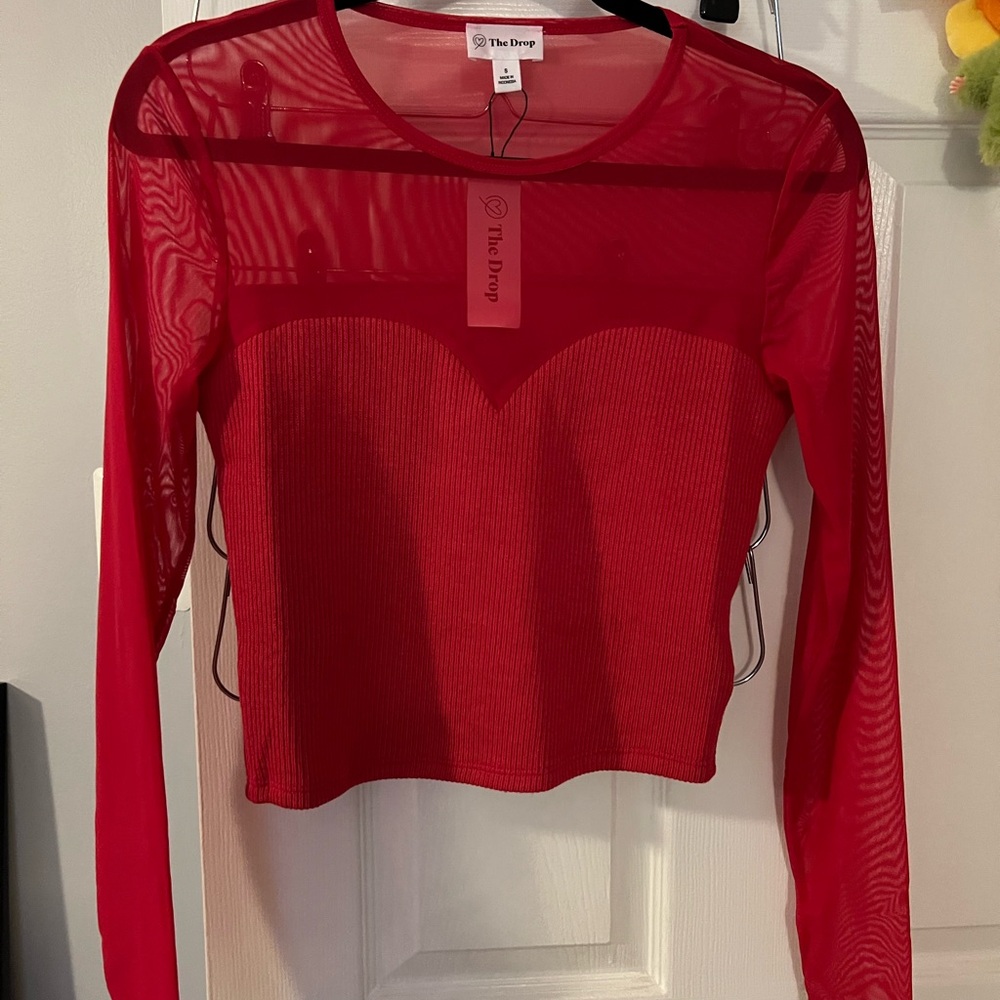 The Drop Women's Red Sheer Long-Sleeve Ribbed Crop Top